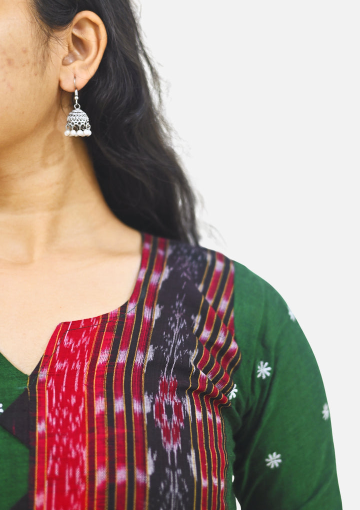 Wovio Modern Ikat Fusion Top V Neck – Green Base with Mini Dot Motifs & Red–Black