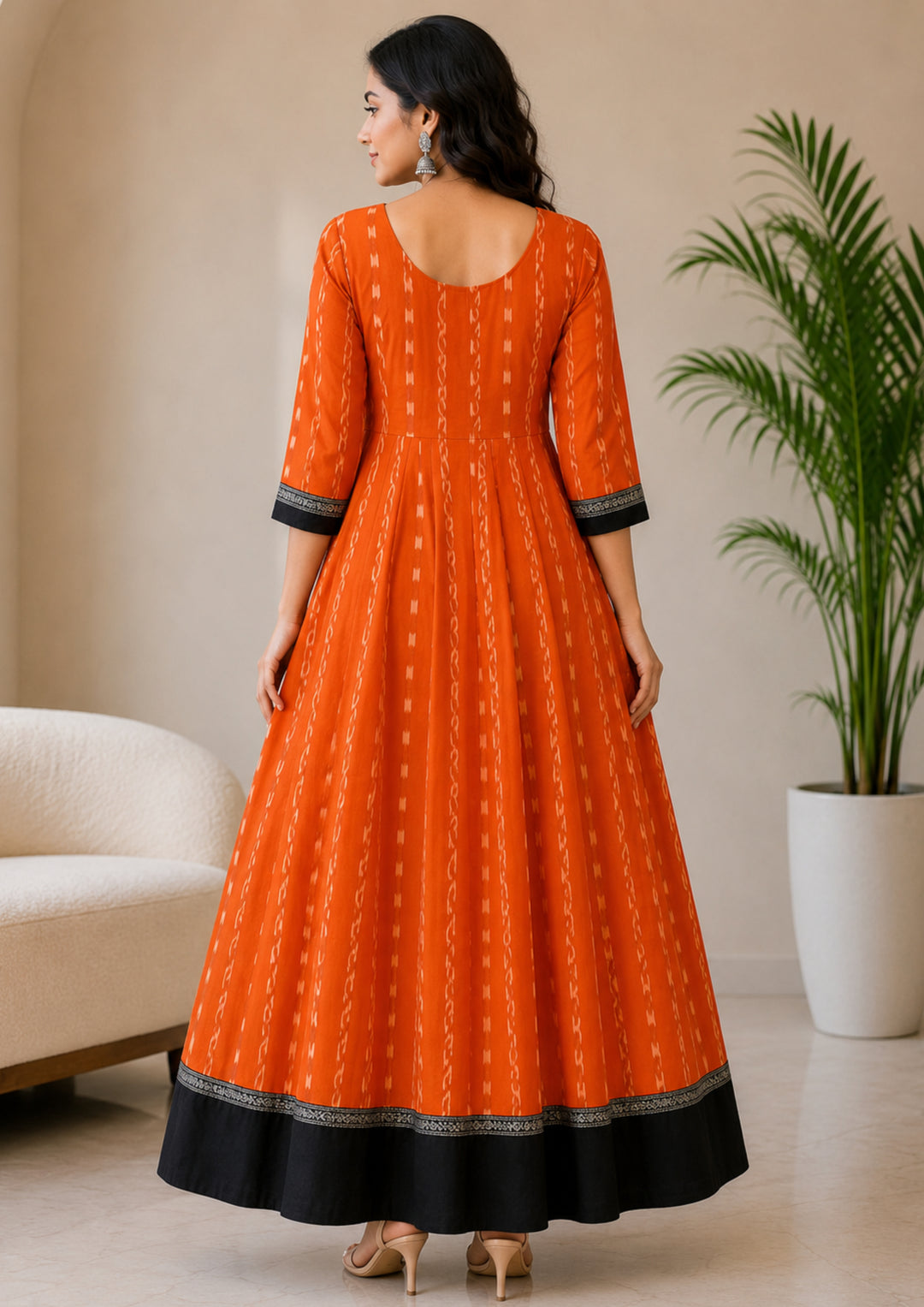 Sambalpuri Long Gown – Sunset Orange & Coffee Brown with Black Border