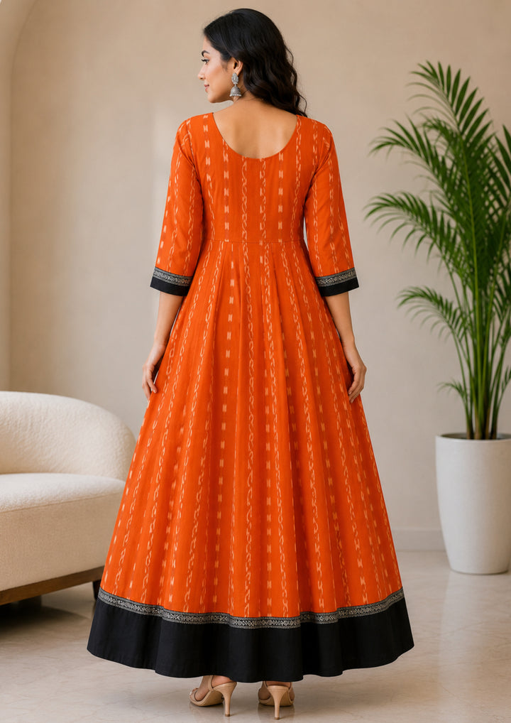 Sambalpuri Long Gown – Sunset Orange & Coffee Brown with Black Border