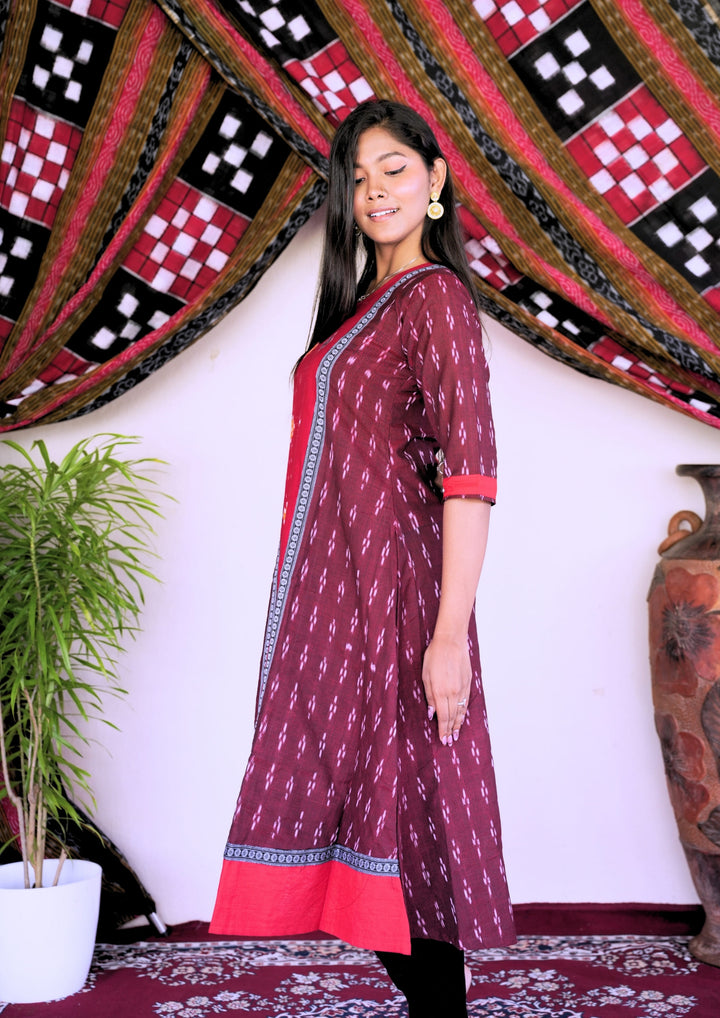 Sambalpuri Women’s Gown– Maroon with Red Ikat Panel and Multicolor Floral Motif