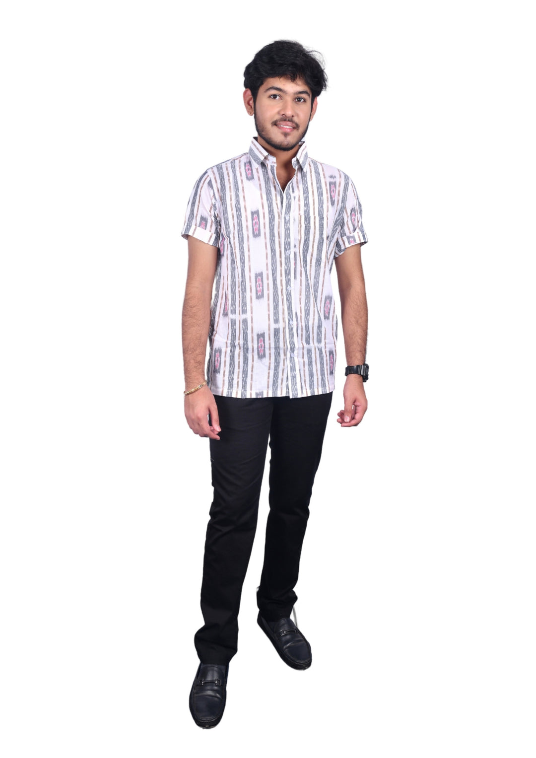 Sambalpuri Hand-woven Men's Half-sleeve Shirt in White & Grey