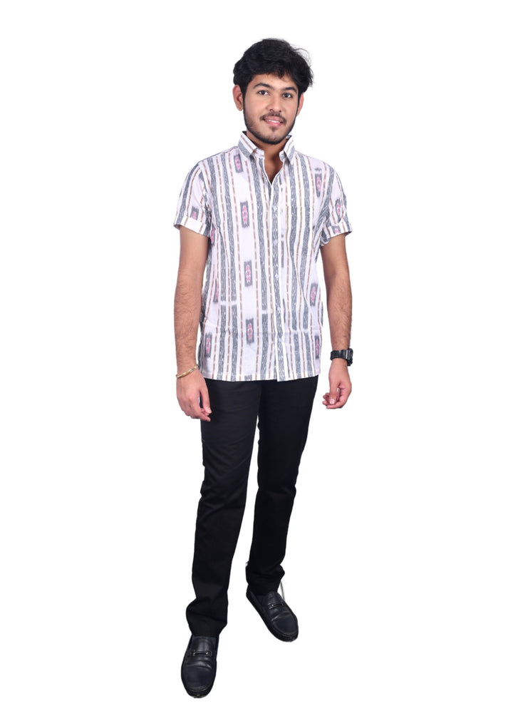 Sambalpuri Hand-woven Men's Half-sleeve Shirt in White & Grey