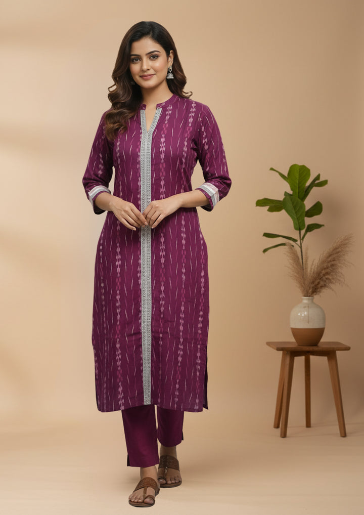 Sambalpuri Women's Kurti -  High Neck Lace-work Kurti in Magenta