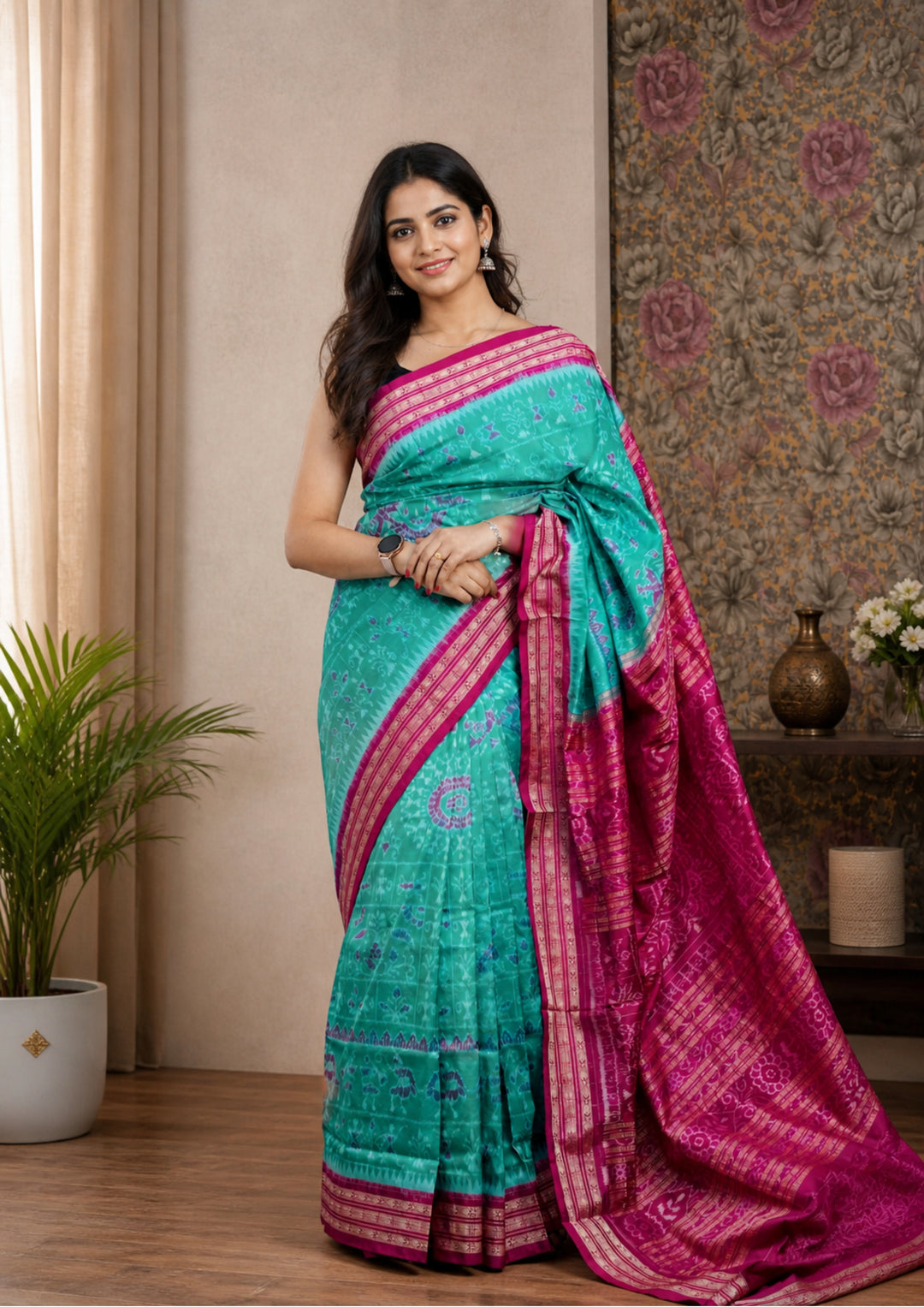Handwoven Exquisite Sea-Green Sambalpuri Patta Silk Saree with Fuchsia Pink Borders
