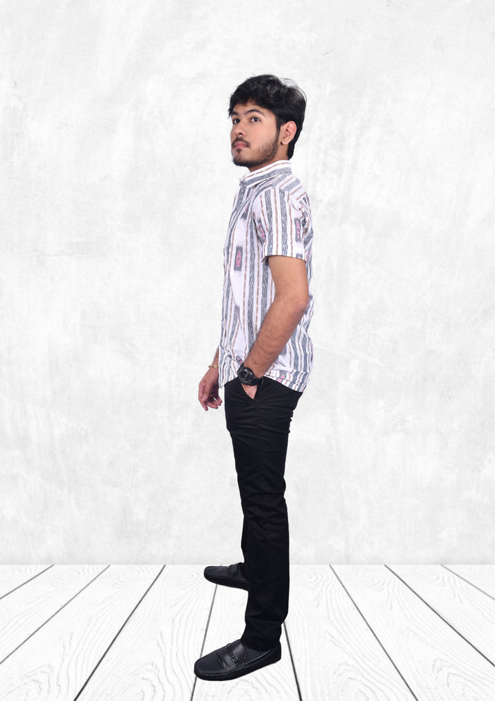 Sambalpuri Hand-woven Men's Half-sleeve Shirt in White & Grey