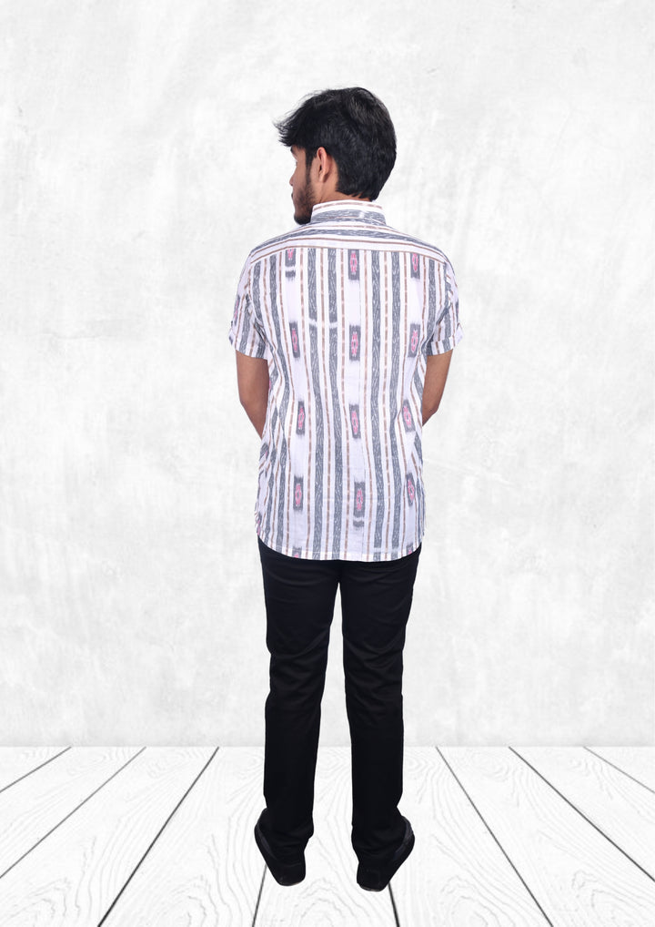 Sambalpuri Hand-woven Men's Half-sleeve Shirt in White & Grey