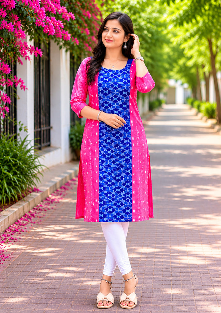 Sambalpuri Women's Kurti - Pink Cotton Kurti with Contrast Black Printed Yoke Panel
