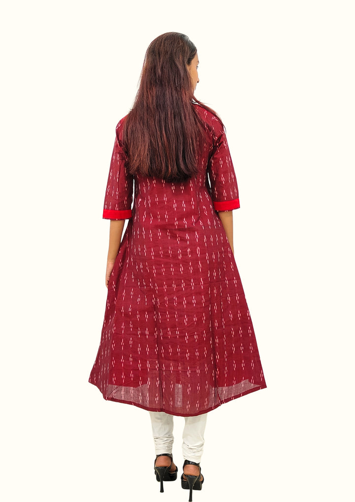 Sambalpuri Women’s Gown– Maroon with Red Ikat Panel and Multicolor Floral Motif