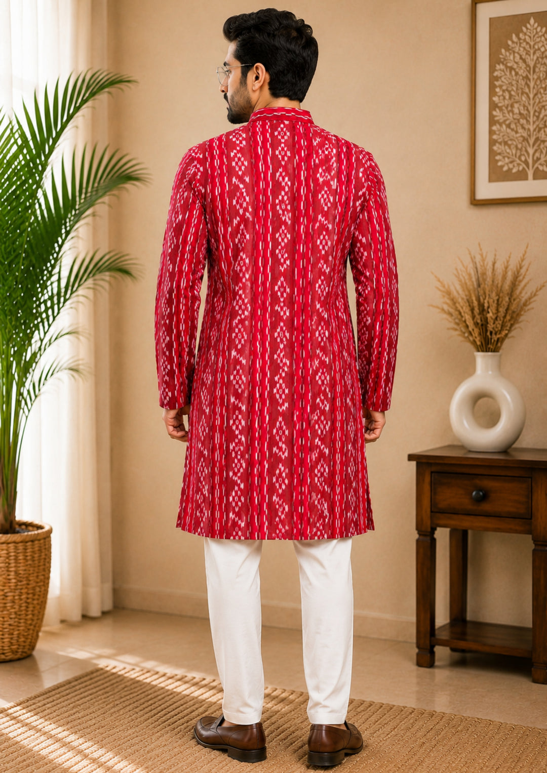 Sambalpuri Men's Long Kurta - Crimson Red Kurta