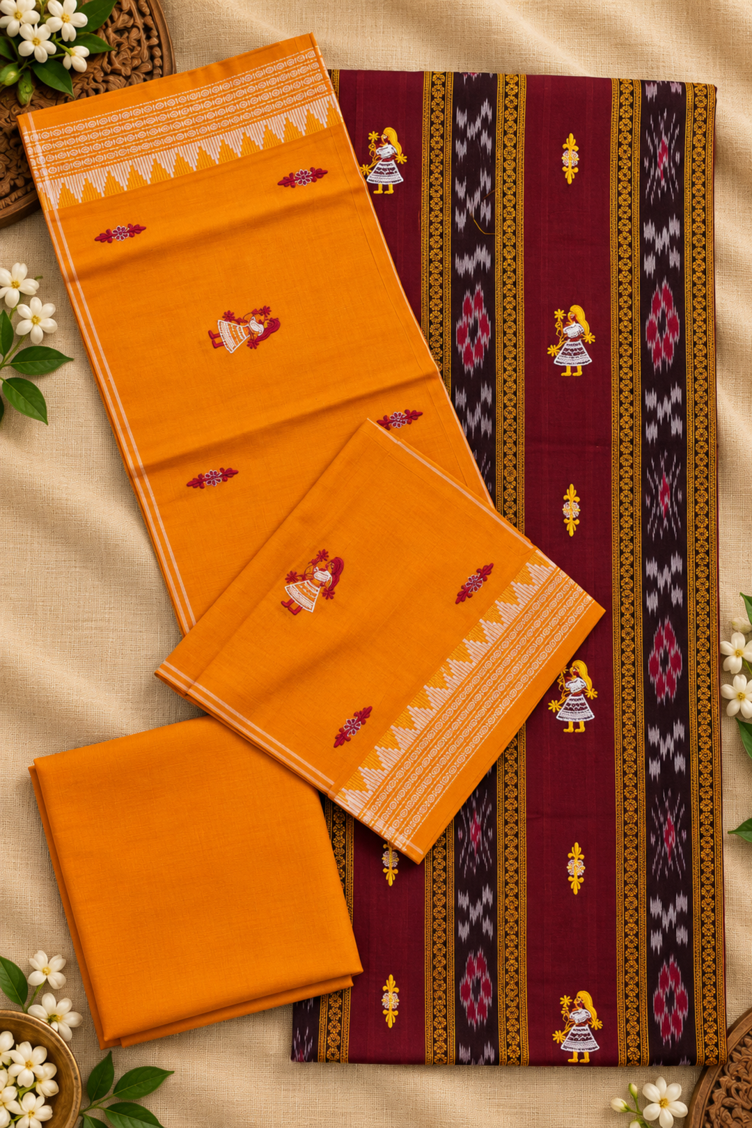 Women's Sambalpuri Mustard Orange & Maroon Unstitched Suit Material with Dupatta