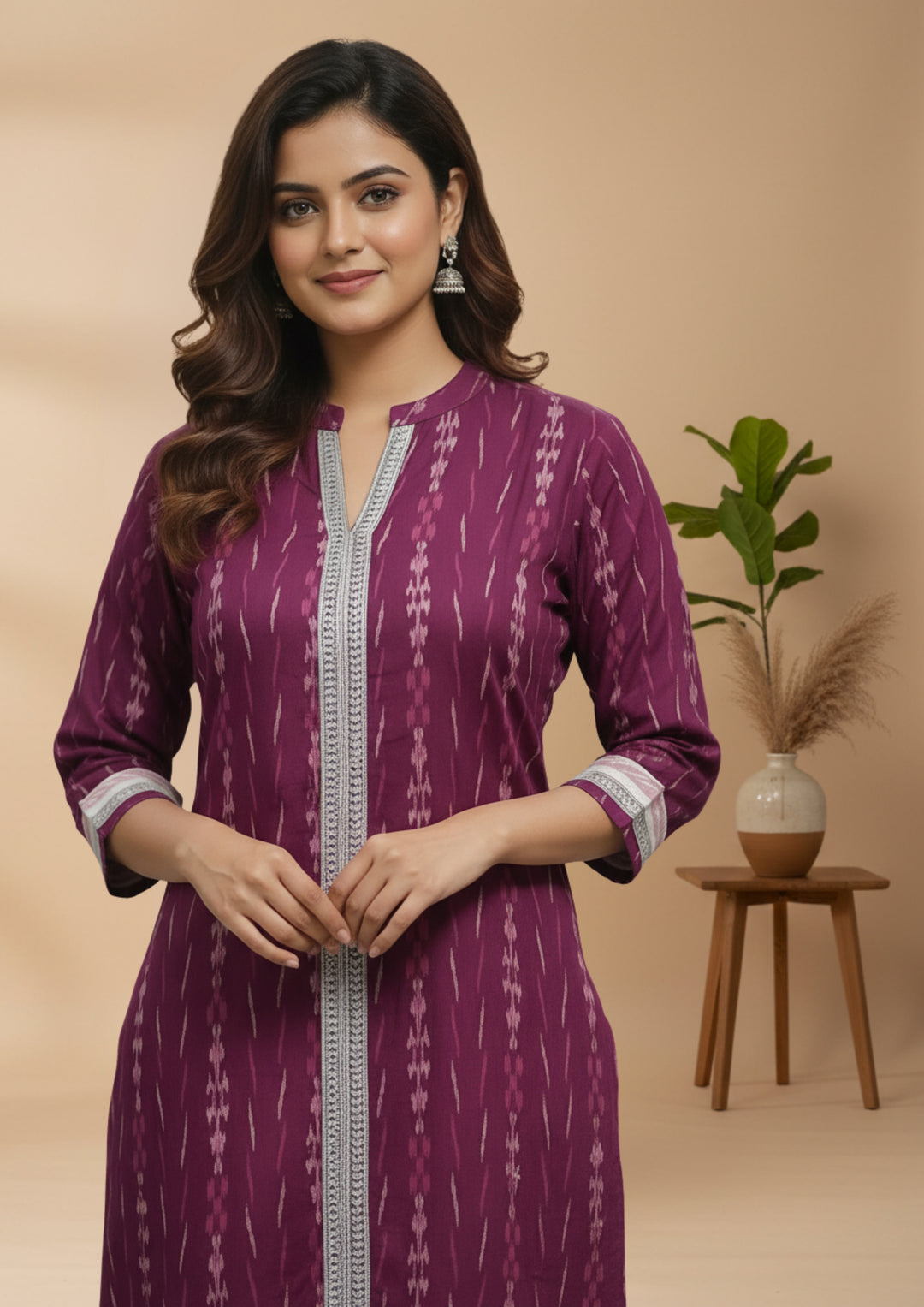 Sambalpuri Women's Kurti -  High Neck Lace-work Kurti in Magenta