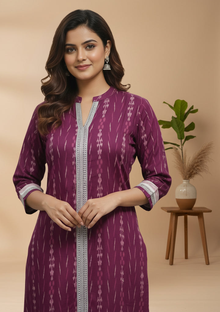 Sambalpuri Women's Kurti -  High Neck Lace-work Kurti in Magenta