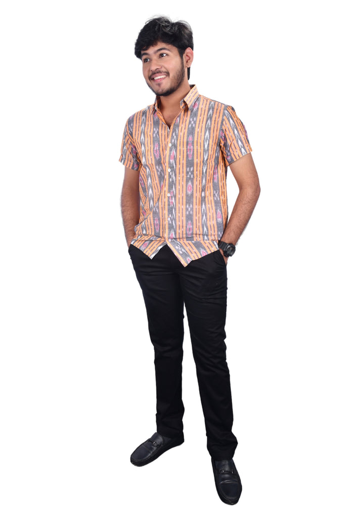 Hand-woven Sambalpuri Men's Cotton Half-sleeve Shirt in Peach