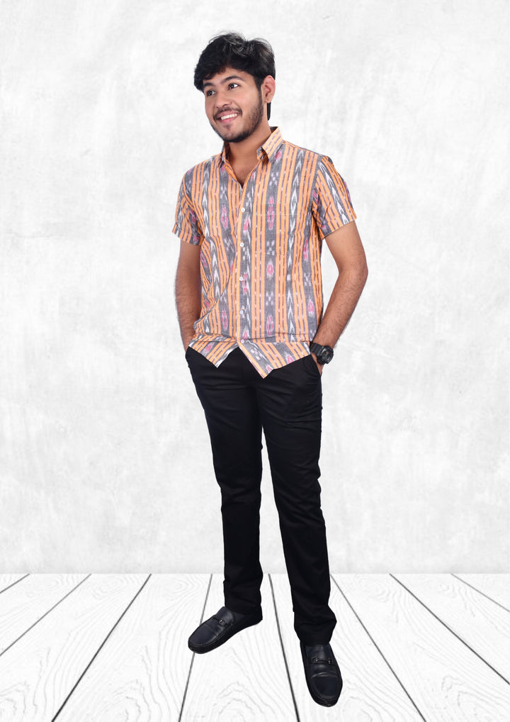 Hand-woven Sambalpuri Men's Cotton Half-sleeve Shirt in Peach