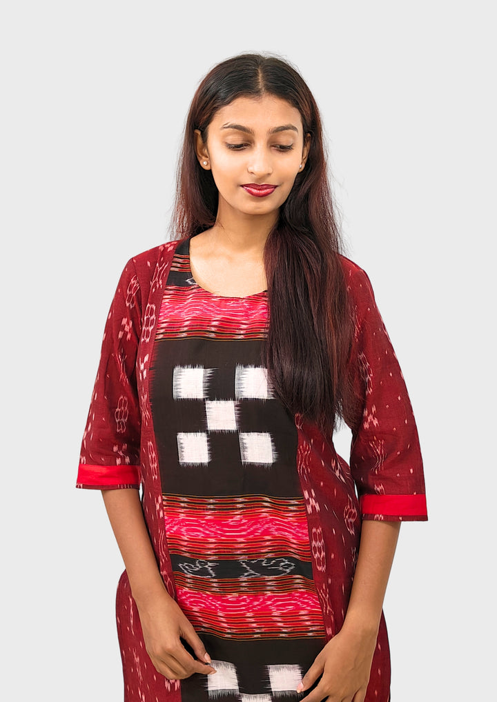Sambalpuri Women's Kurti – Maroon with Black, Red, and White Pasapali Ikat Motif