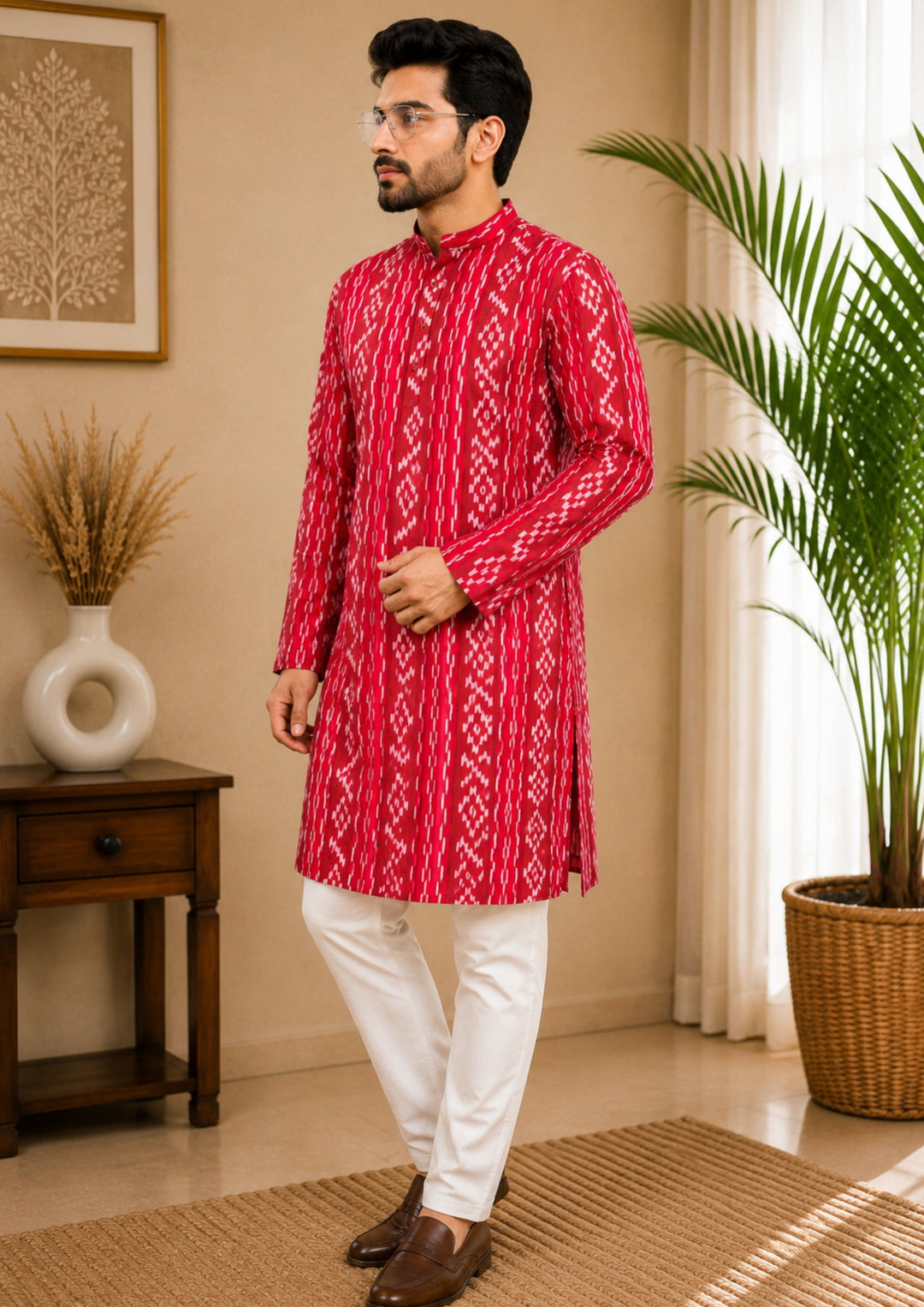 Sambalpuri Men's Long Kurta - Crimson Red Kurta