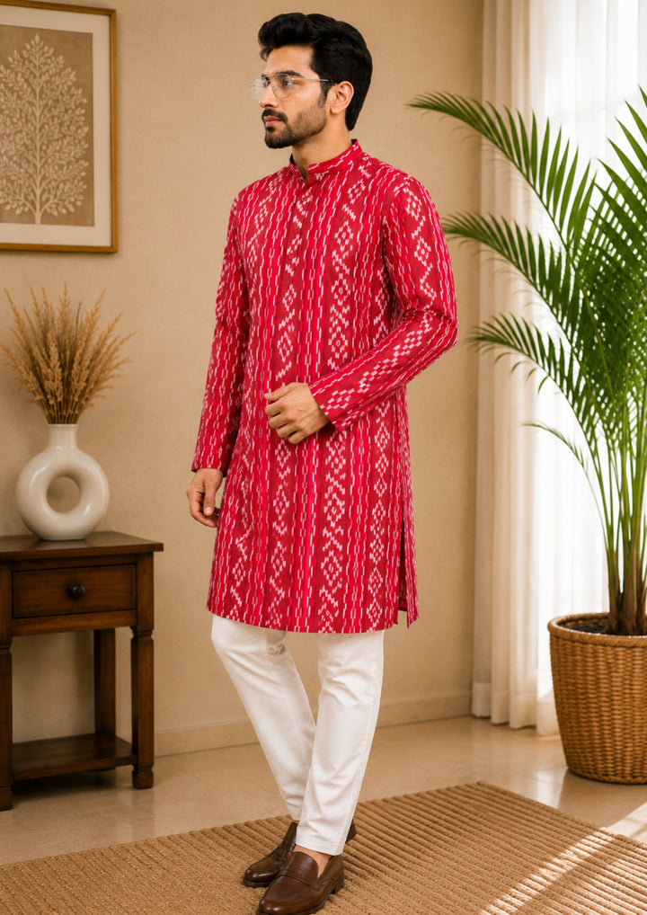 Sambalpuri Men's Long Kurta - Crimson Red Kurta