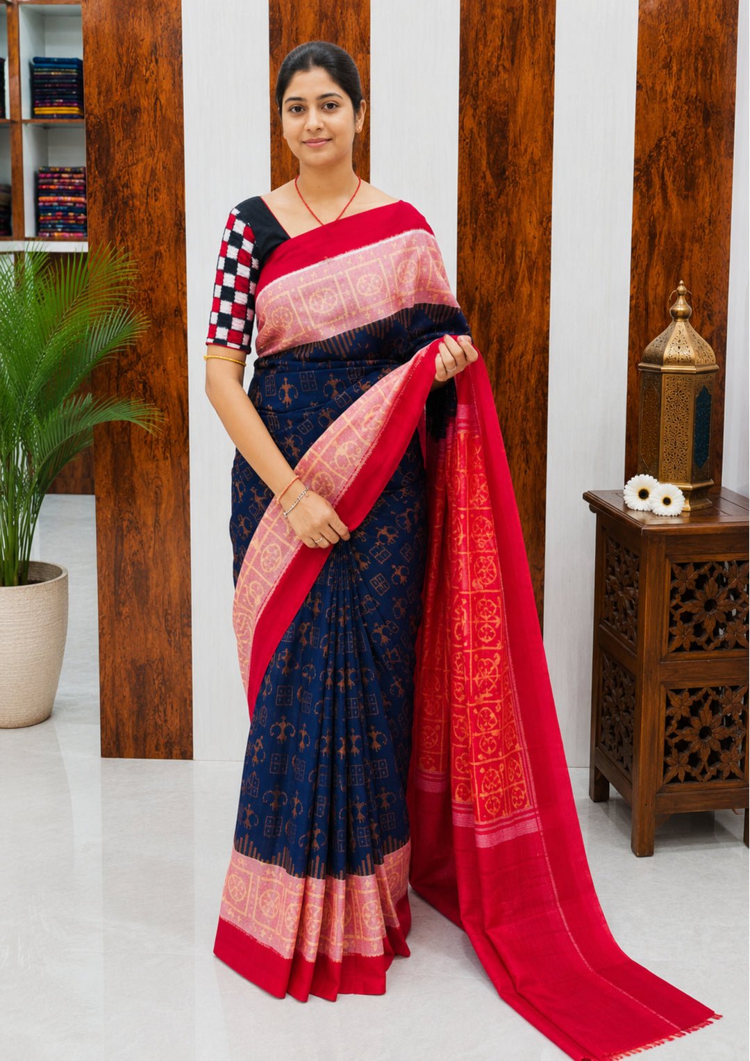 Elegant Sambalpuri Handloom Cotton Saree in Navy Blue & Rani Pink