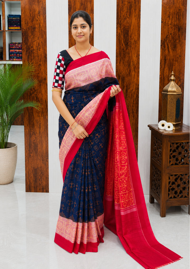 Elegant Sambalpuri Handloom Cotton Saree in Navy Blue & Rani Pink