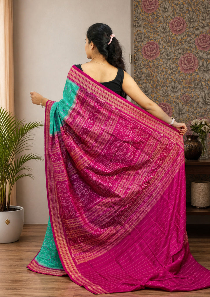 Handwoven Exquisite Sea-Green Sambalpuri Patta Silk Saree with Fuchsia Pink Borders
