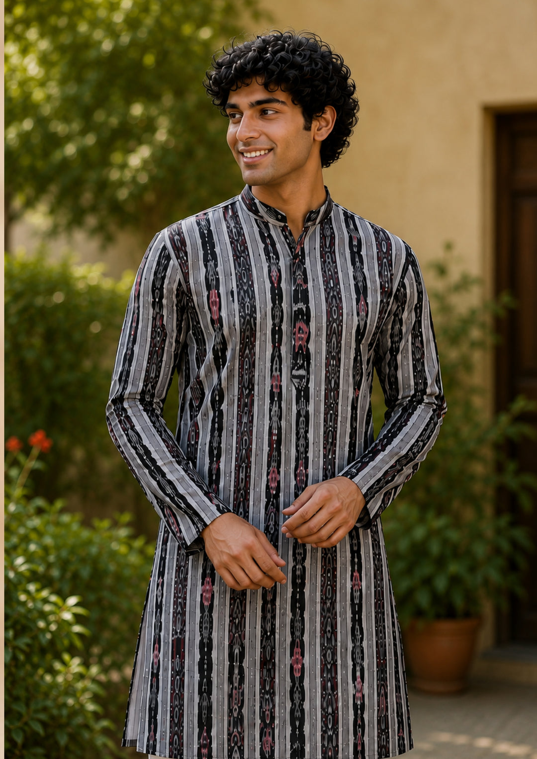 Men’s Long Kurta –  Ikat Vertical Stripe with Abstract Motifs, Black Base