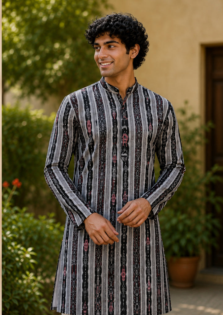 Men’s Long Kurta –  Ikat Vertical Stripe with Abstract Motifs, Black Base