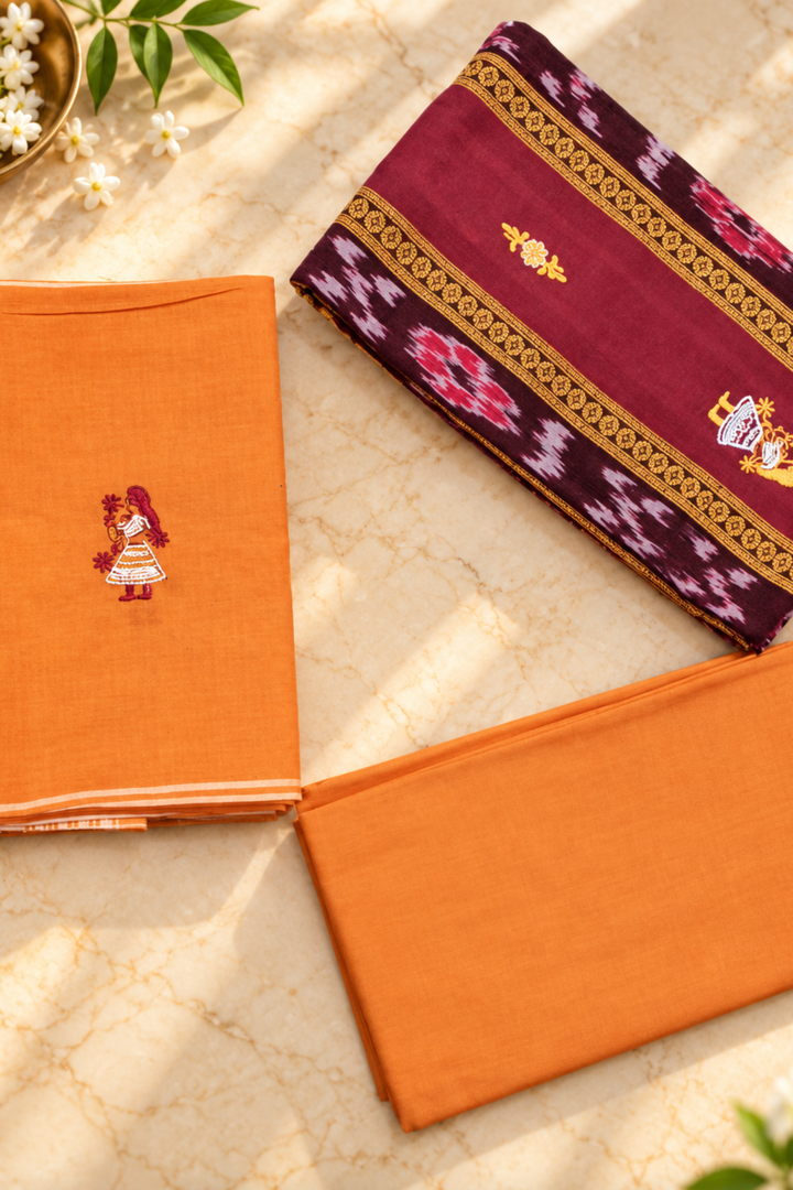 Women's Sambalpuri Mustard Orange & Maroon Unstitched Suit Material with Dupatta