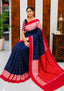Elegant Sambalpuri Handloom Cotton Saree in Navy Blue & Rani Pink