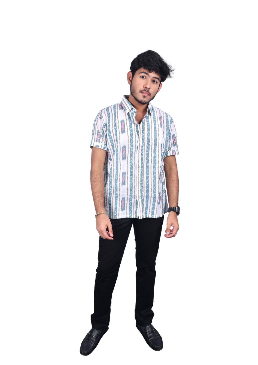 Sambalpuri Men's Cotton Half-sleeve Shirt in Off-White & Green