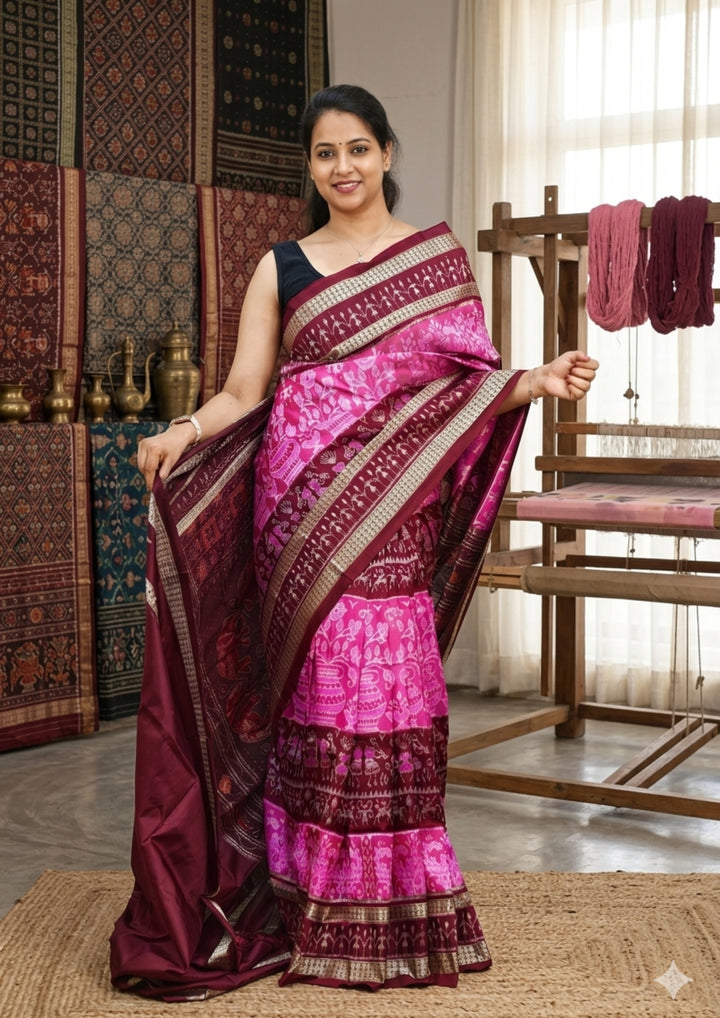 Handwoven Pink Sambalpuri Patta Silk Saree with Maroon and Golden Border
