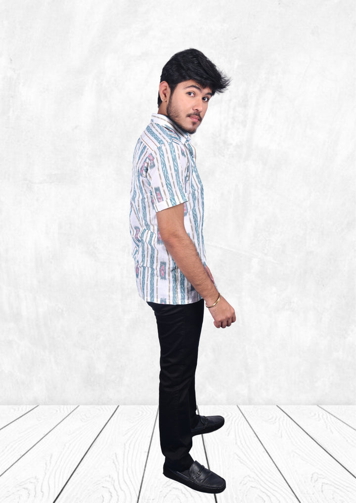 Sambalpuri Men's Cotton Half-sleeve Shirt in Off-White & Green