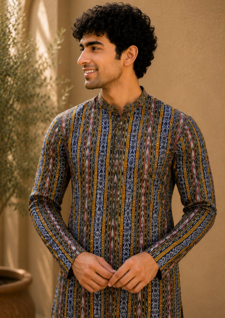 Men’s Long Kurta –  Ikat Vertical Stripe with Abstract Motifs, Black Base