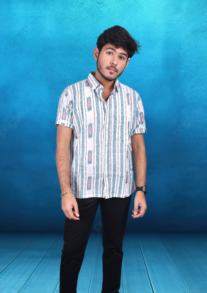 Sambalpuri Men's Cotton Half-sleeve Shirt in Off-White & Green