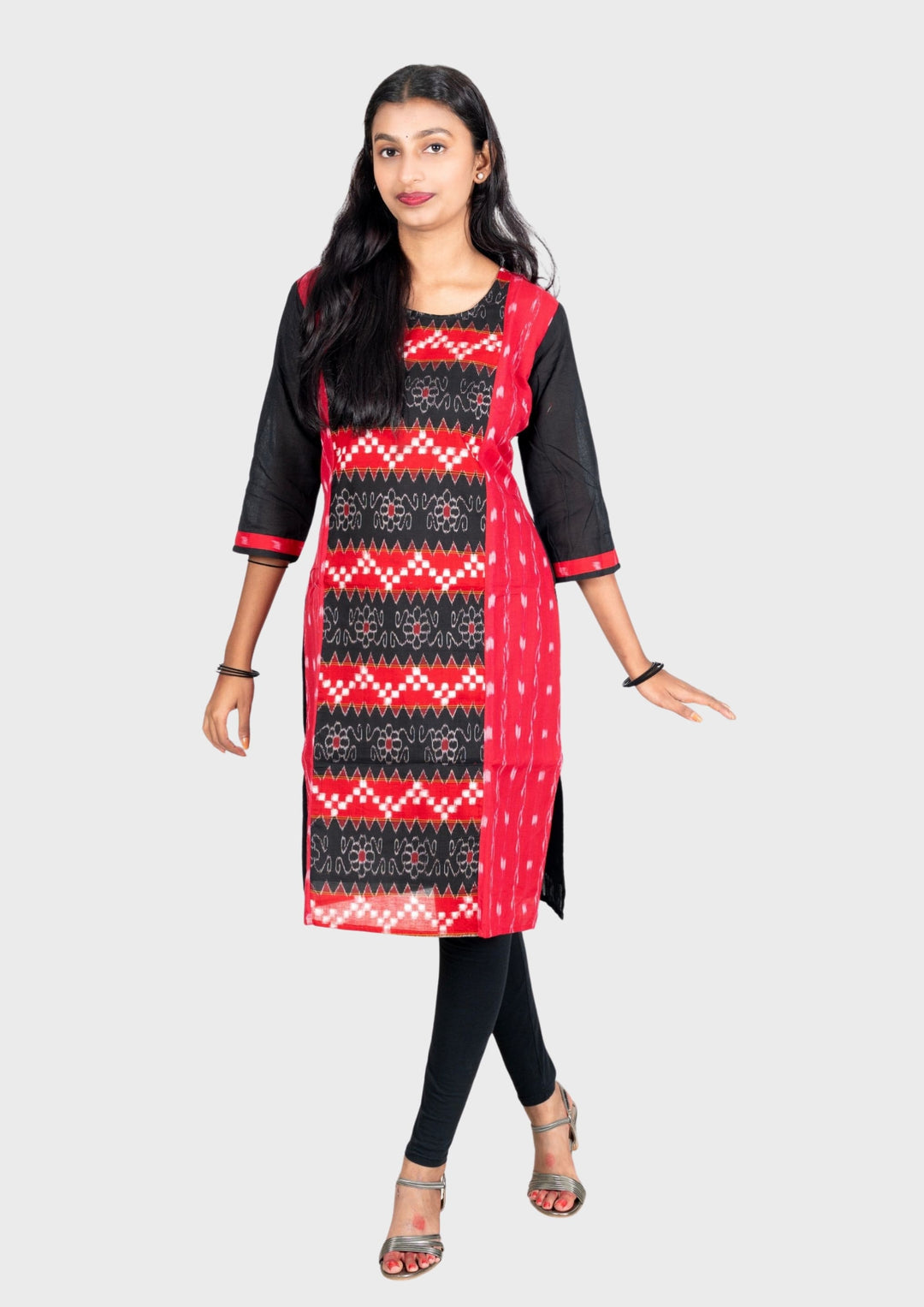 Sambalpuri Pure Cotton Zig-zag pattern Kurta in Red & Black