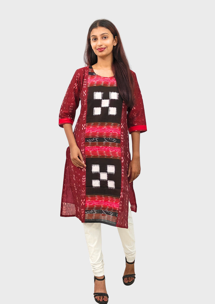 Sambalpuri Women's Kurti – Maroon with Black, Red, and White Pasapali Ikat Motif