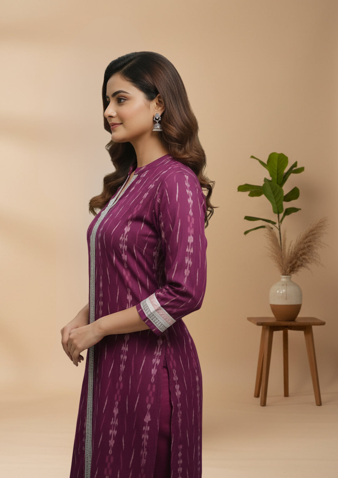 Sambalpuri Women's Kurti -  High Neck Lace-work Kurti in Magenta