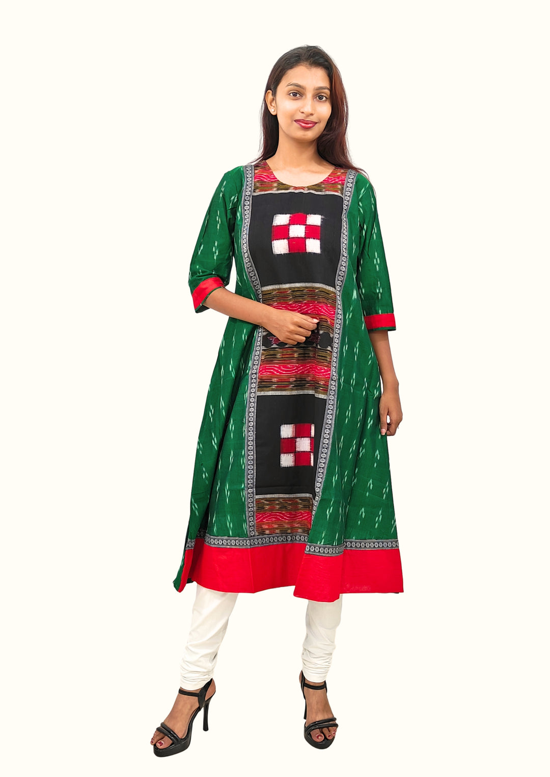 Sambalpuri Women’s Gown – Green with Black Ikat Panel and Red-White Checkered Motif