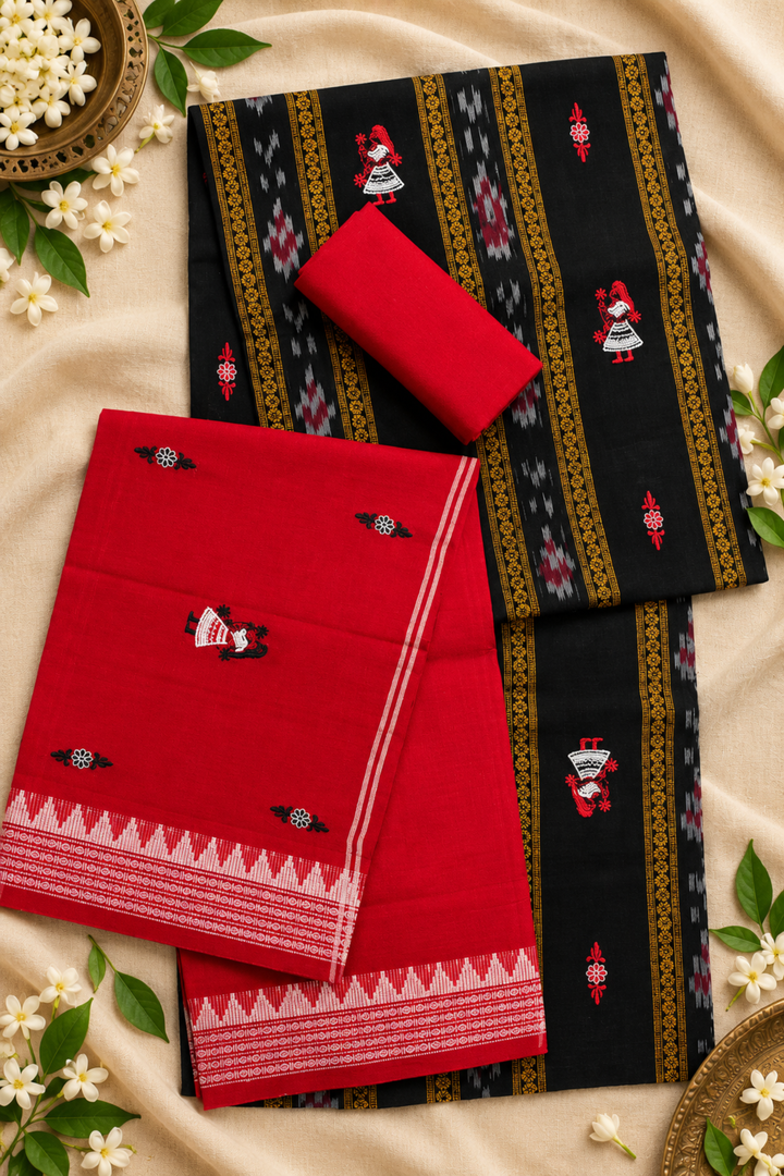 Women's Sambalpuri Red & Black Unstitched Suit Material with Dupatta