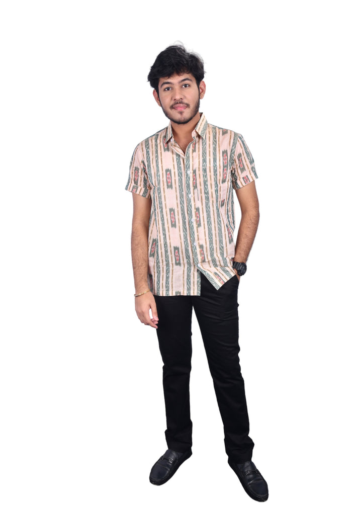 Sambalpuri Handloom  Cotton Men's Half-sleeve Shirt in Beige & Green