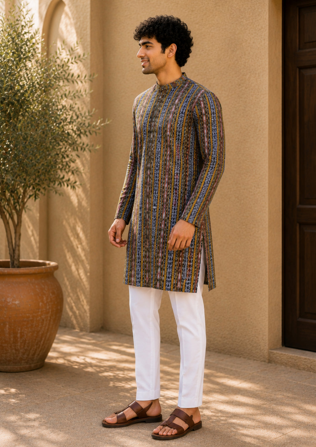 Men’s Long Kurta –  Ikat Vertical Stripe with Abstract Motifs, Black Base