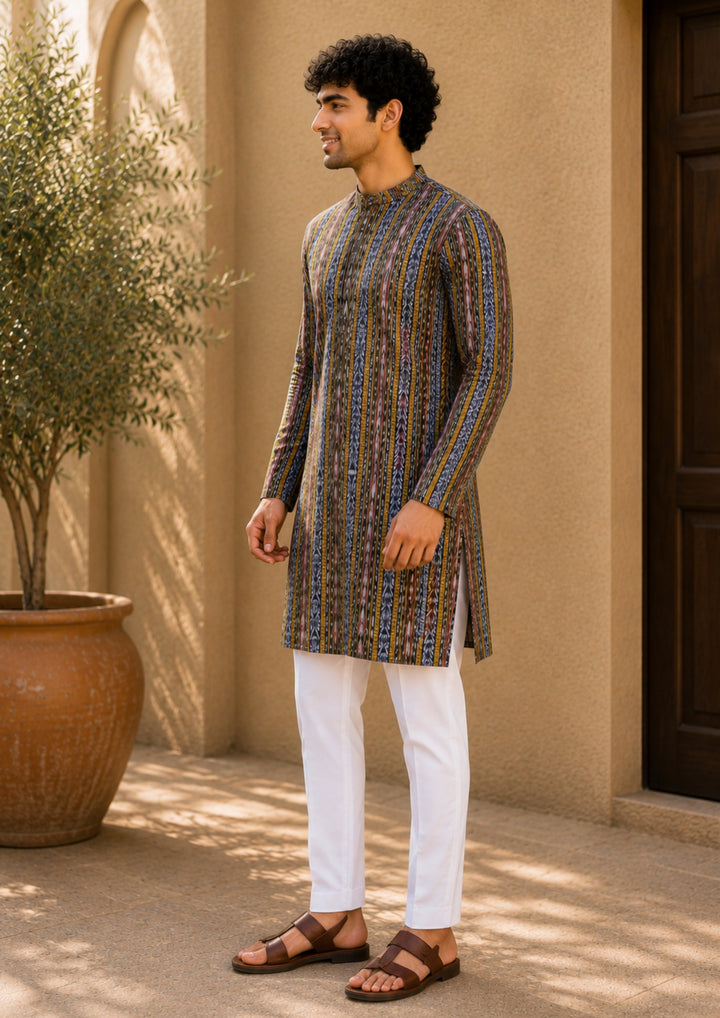Men’s Long Kurta –  Ikat Vertical Stripe with Abstract Motifs, Black Base