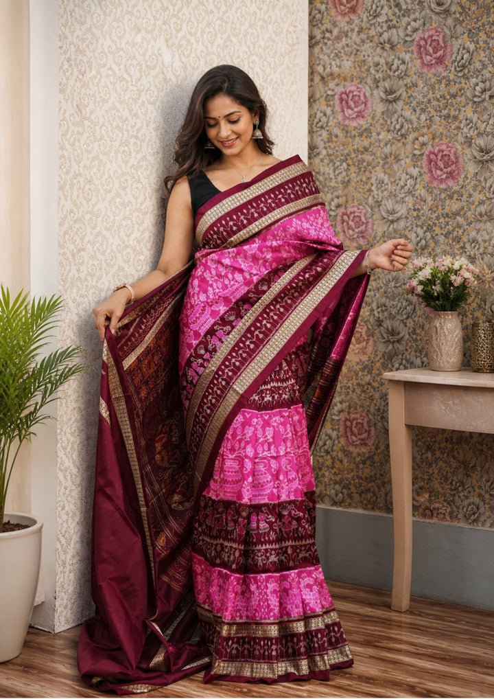 Handwoven Pink Sambalpuri Patta Silk Saree with Maroon and Golden Border