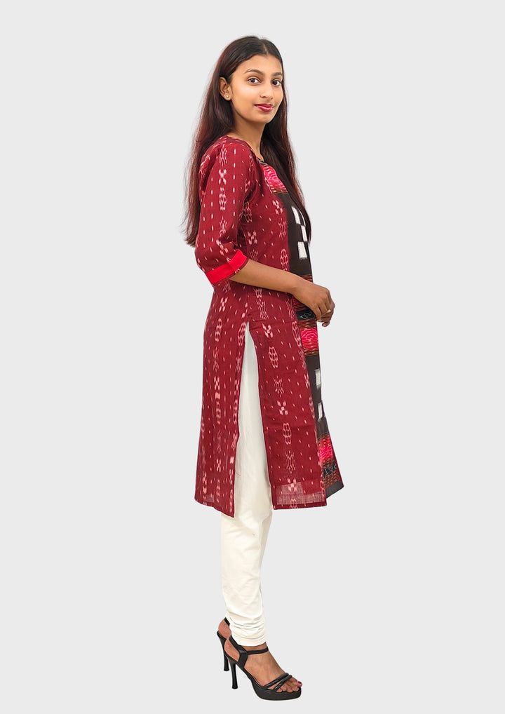 Sambalpuri Women's Kurti – Maroon with Black, Red, and White Pasapali Ikat Motif