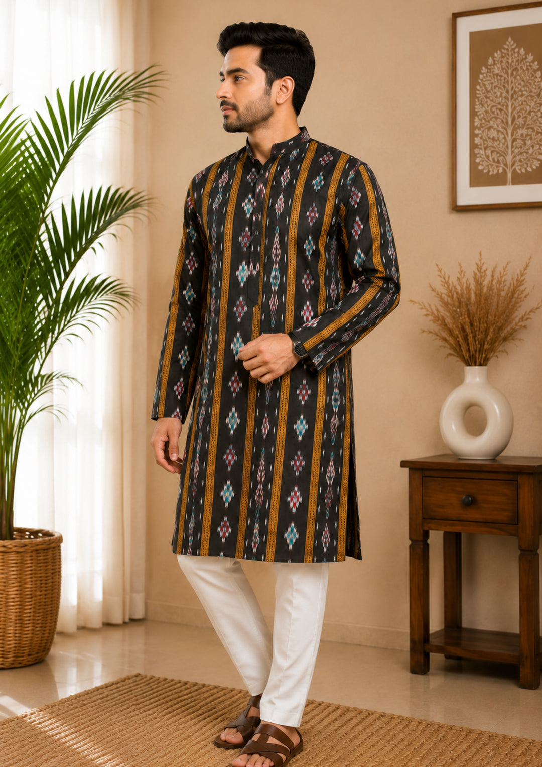 Sambalpuri Men's Long Kurta - Midnight Black Kurta
