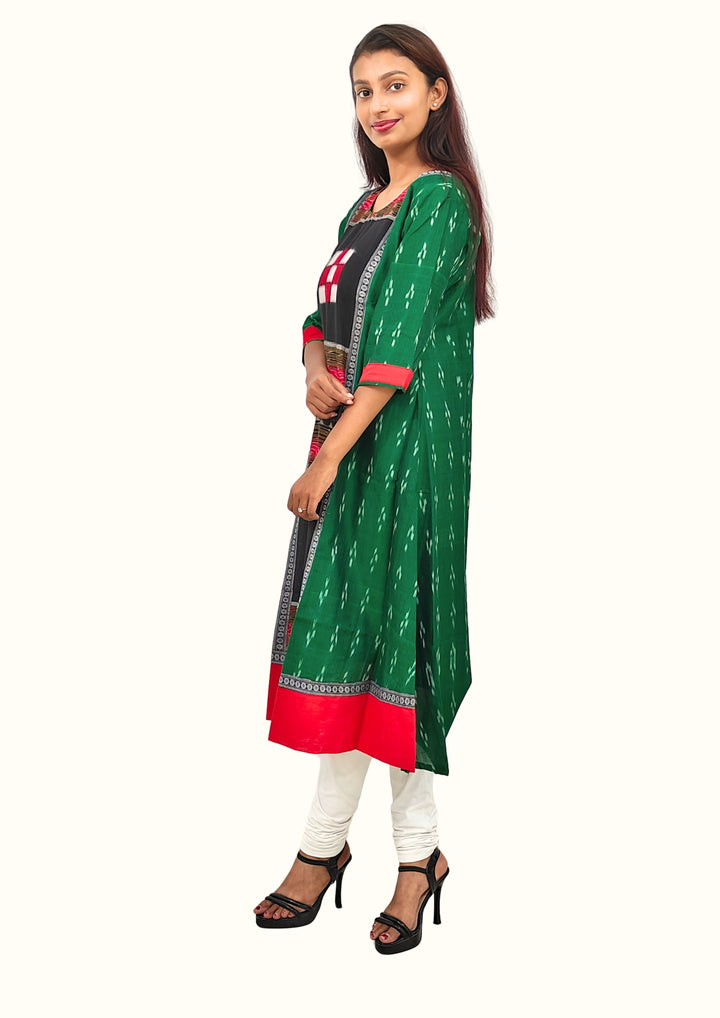 Sambalpuri Women’s Gown – Green with Black Ikat Panel and Red-White Checkered Motif