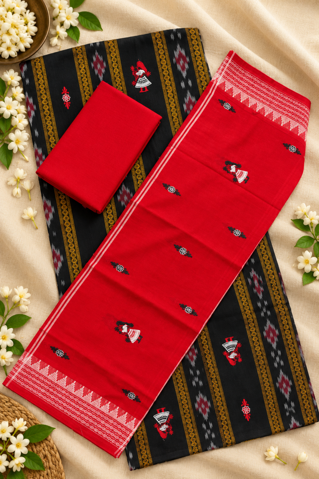 Women's Sambalpuri Red & Black Unstitched Suit Material with Dupatta