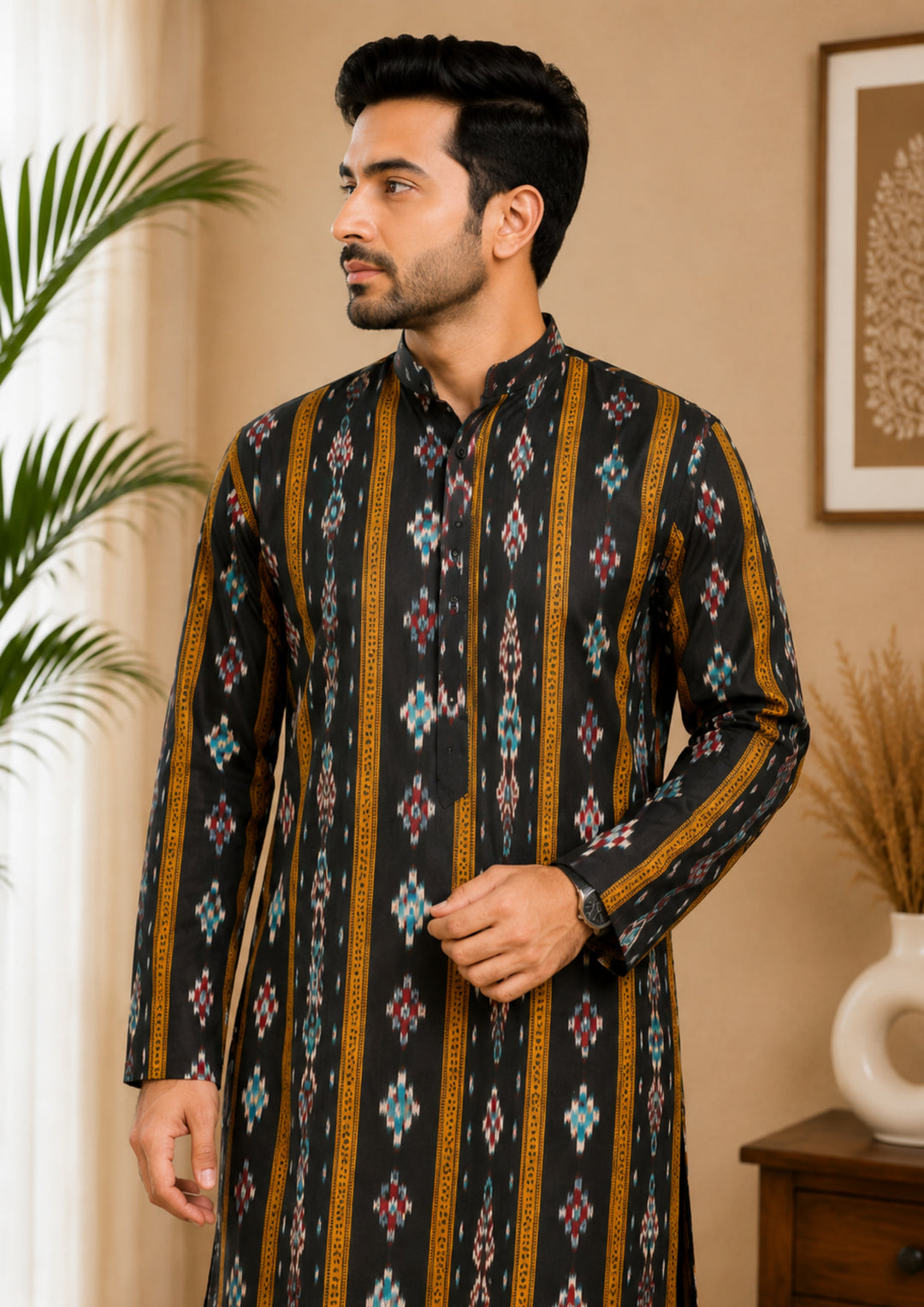 Sambalpuri Men's Long Kurta - Midnight Black Kurta