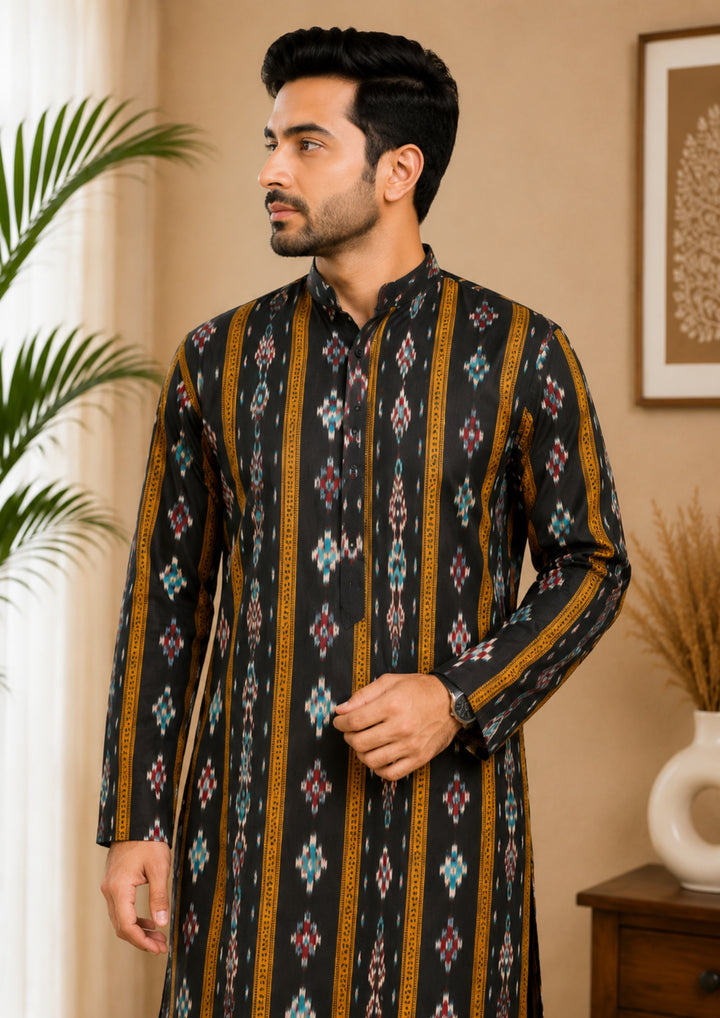 Sambalpuri Men's Long Kurta - Midnight Black Kurta