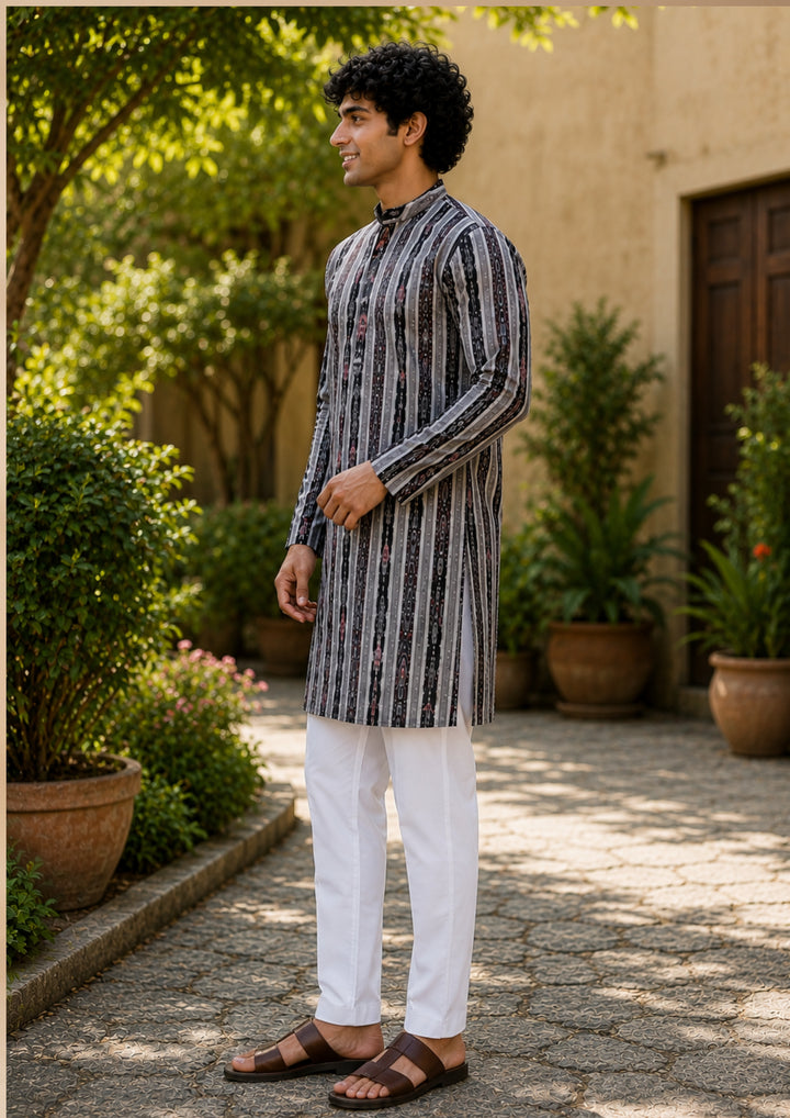 Men’s Long Kurta –  Ikat Vertical Stripe with Abstract Motifs, Black Base