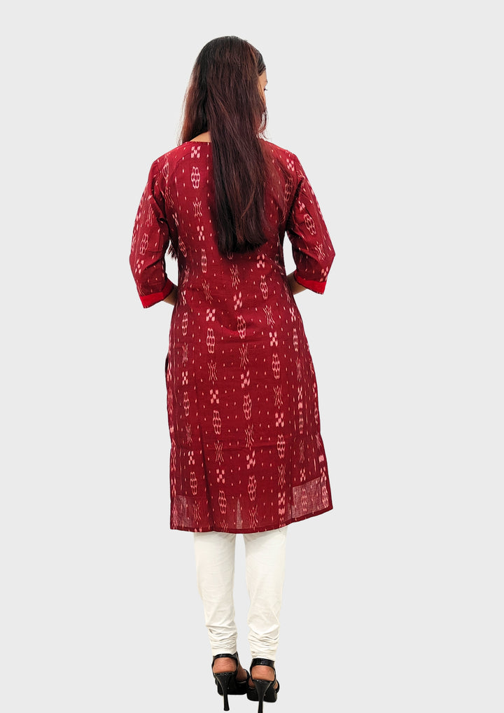 Sambalpuri Women's Kurti – Maroon with Black, Red, and White Pasapali Ikat Motif
